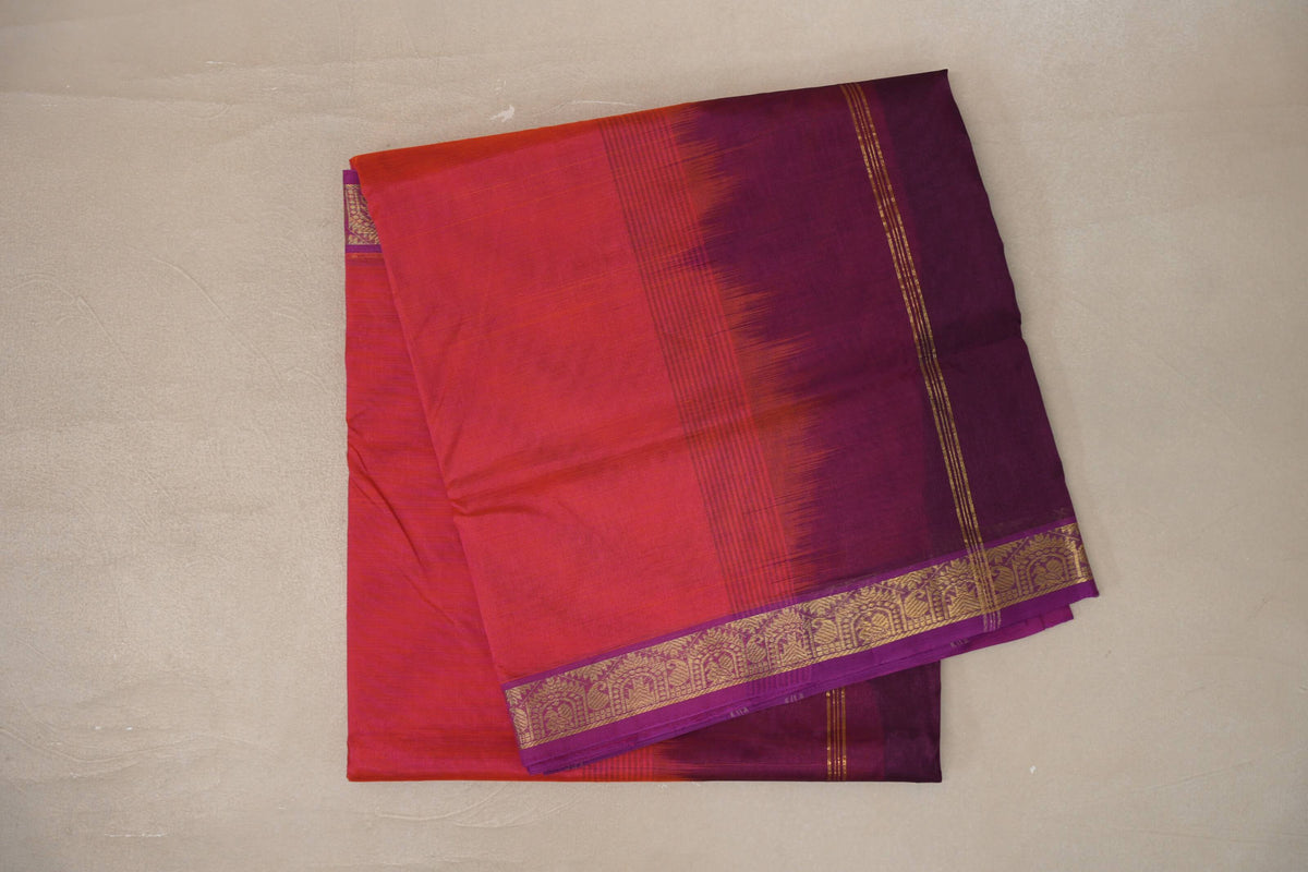 Dual Tone of Orange & Pink with Purple Borders Vegan Silk Cotton Saree 