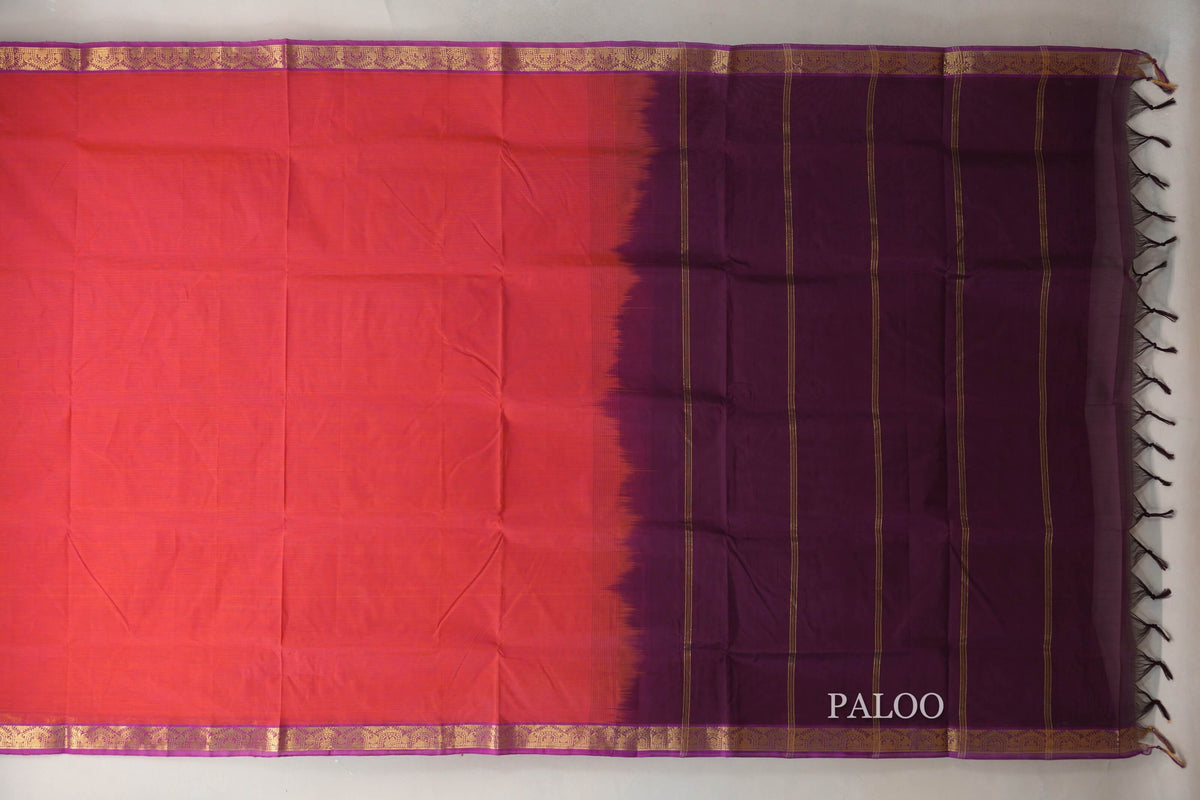 Dual Tone of Orange & Pink with Purple Borders Vegan Silk Cotton Saree paloo