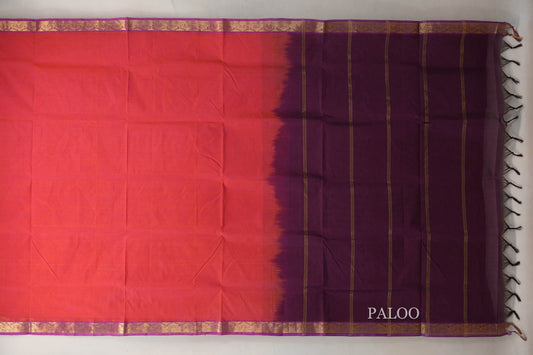 Dual Tone of Orange & Pink with Purple Borders Vegan Silk Cotton Saree paloo