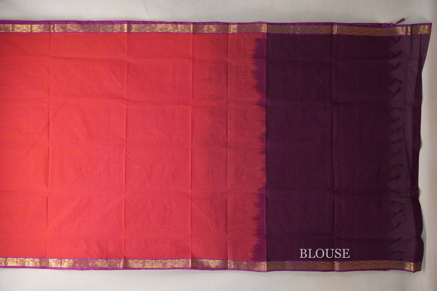 Dual Tone of Orange & Pink with Purple Borders Vegan Silk Cotton Saree blouse