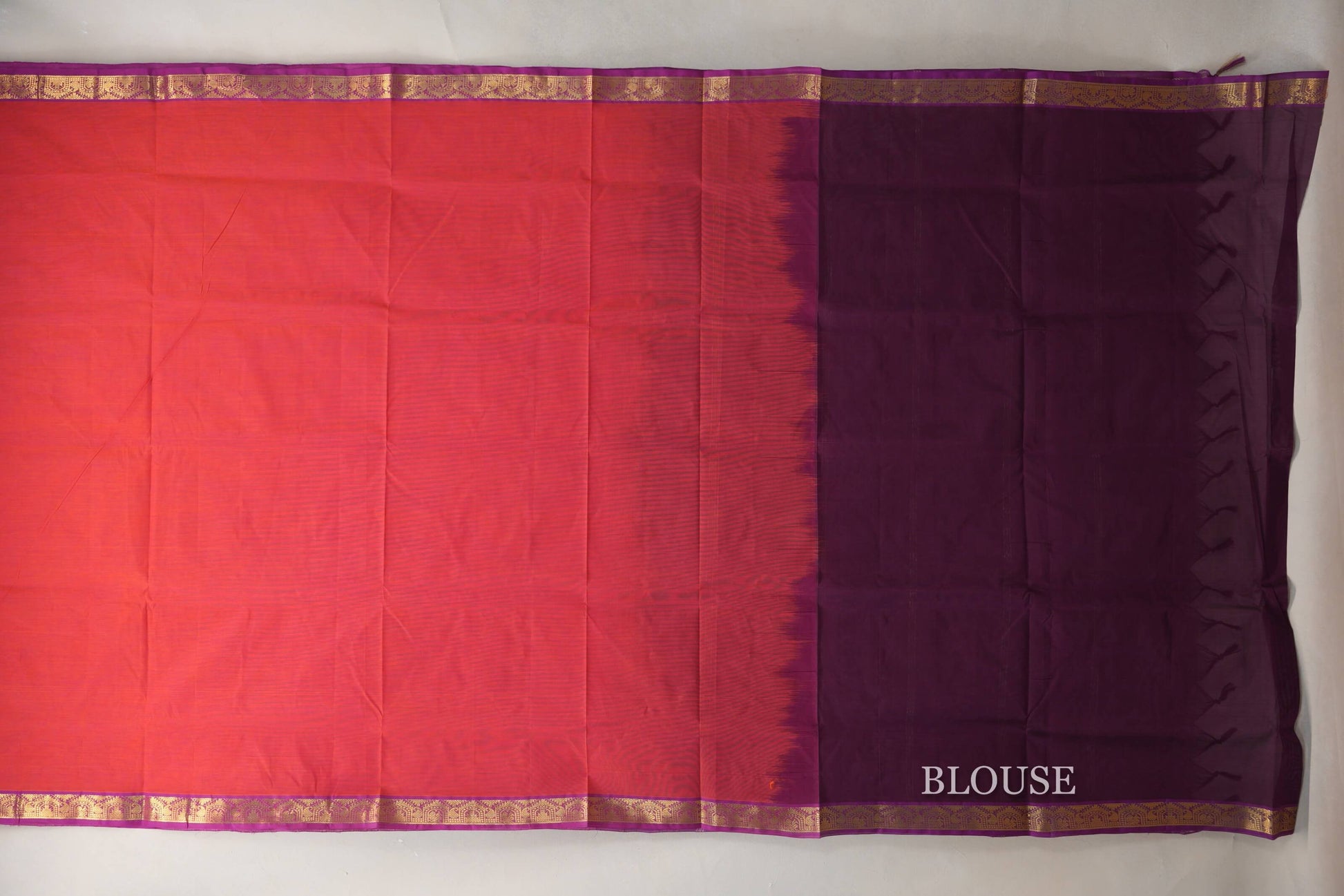 Dual Tone of Orange & Pink with Purple Borders Vegan Silk Cotton Saree blouse