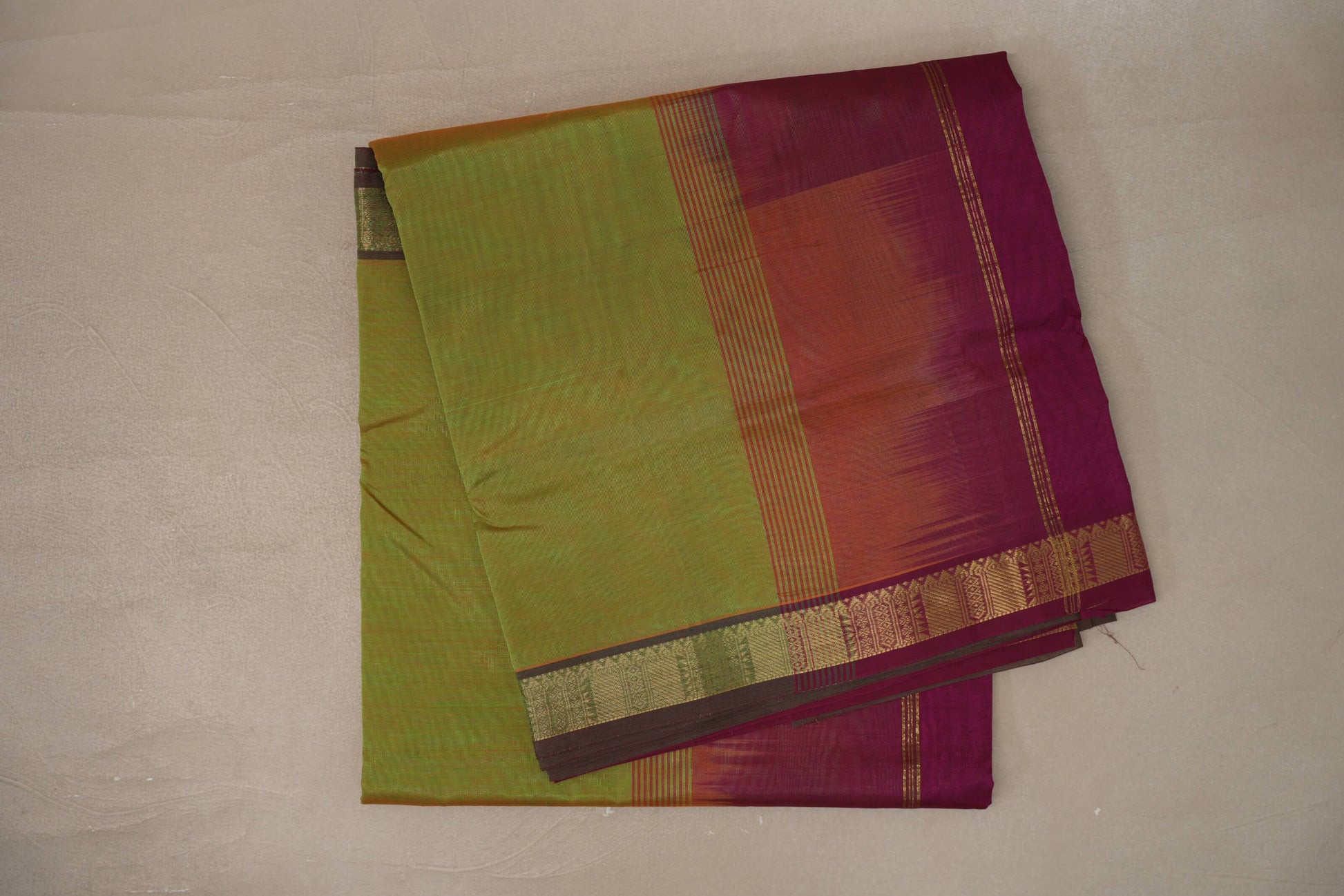 Dual Tone of Yellow & Green with Reddish Pink Borders Vegan Silk Cotton Saree