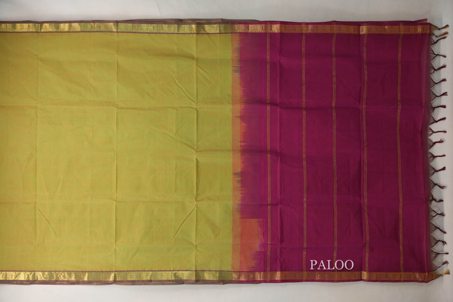 Dual Tone of Yellow & Green with Reddish Pink Borders Vegan Silk Cotton Saree paloo