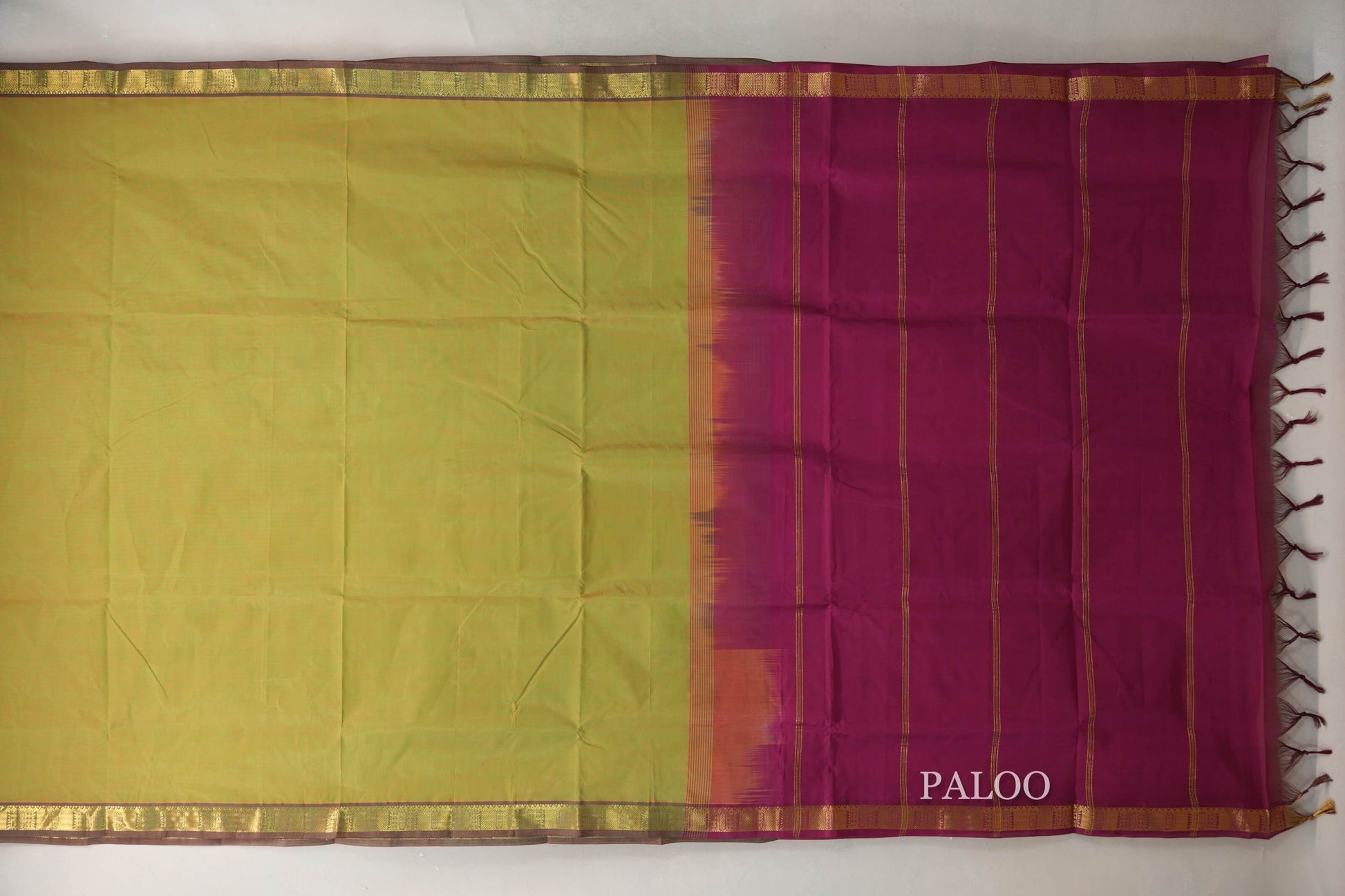 Dual Tone of Yellow & Green with Reddish Pink Borders Vegan Silk Cotton Saree paloo