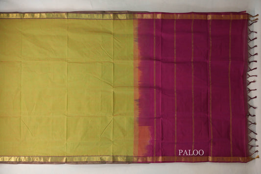 Dual Tone of Yellow & Green with Reddish Pink Borders Vegan Silk Cotton Saree paloo