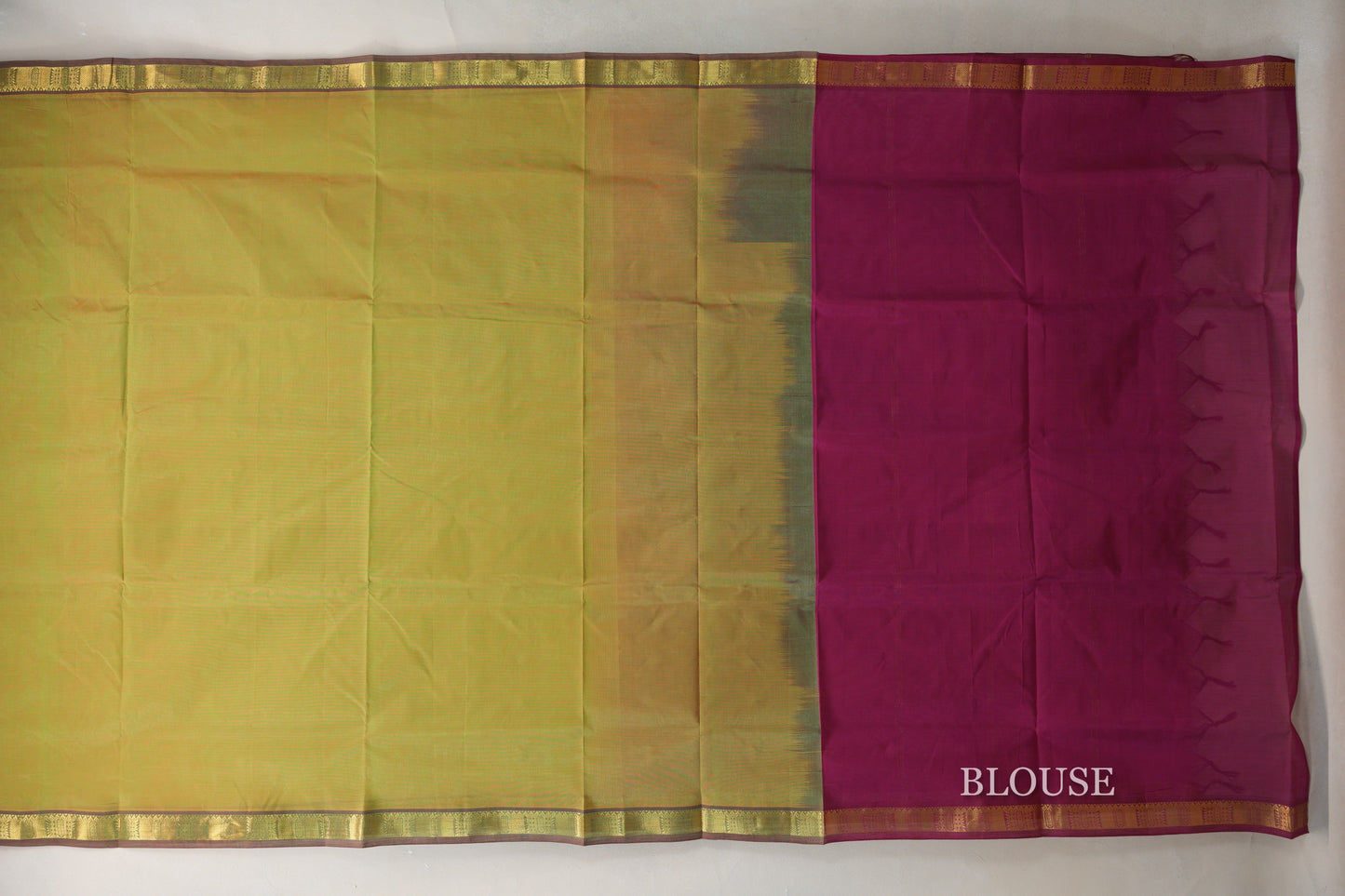Dual Tone of Yellow & Green with Reddish Pink Borders Vegan Silk Cotton Saree blouse