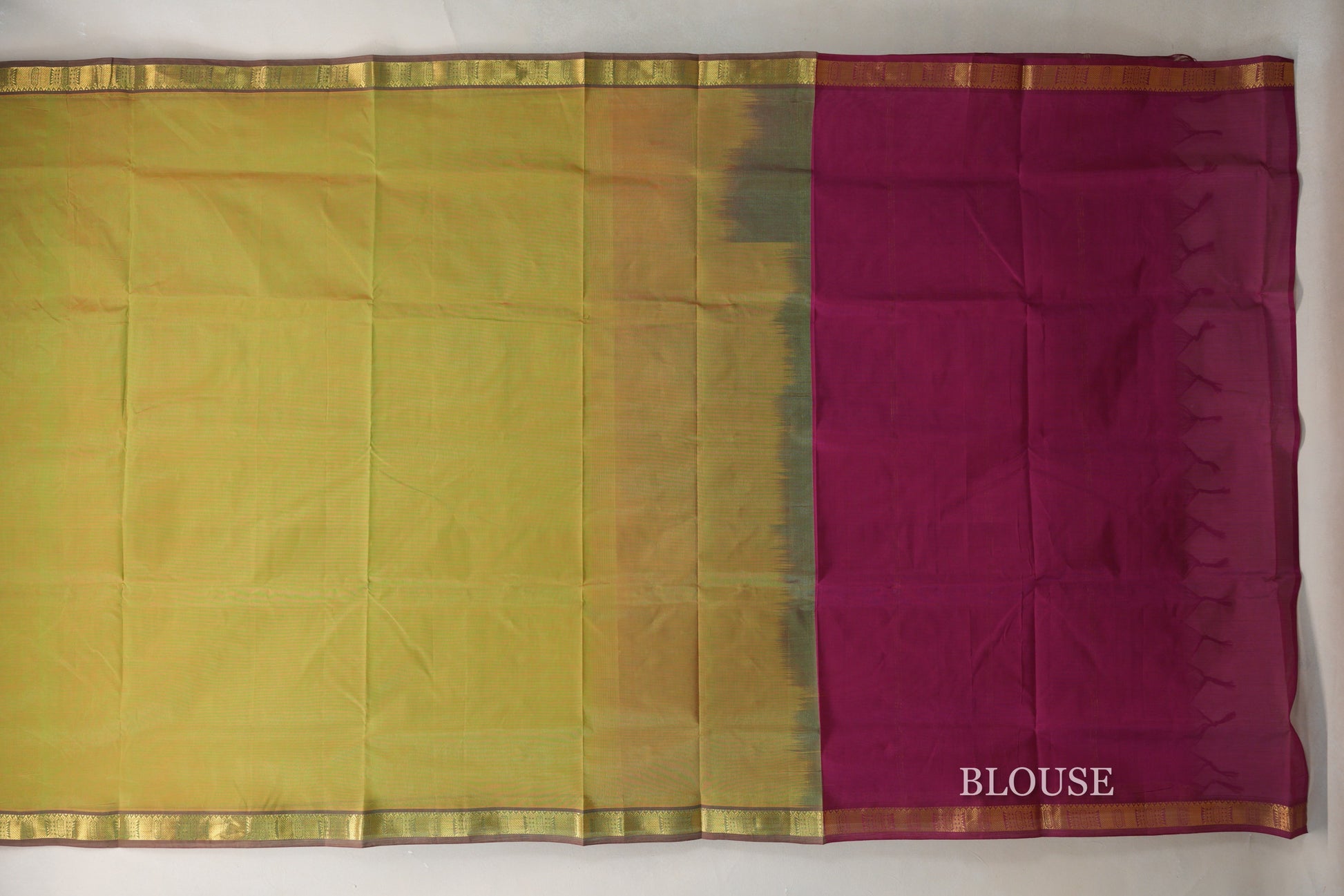 Dual Tone of Yellow & Green with Reddish Pink Borders Vegan Silk Cotton Saree blouse