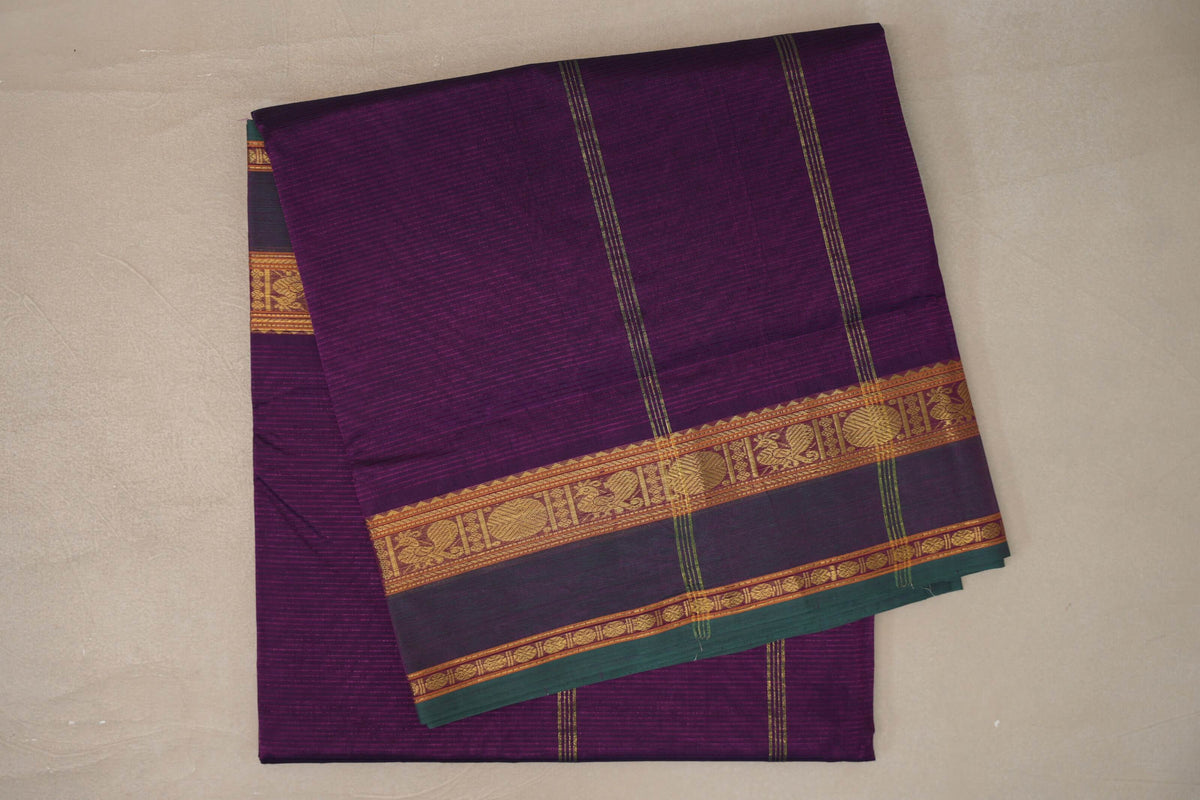 Deep Purple with Dual Tone of Deep Purple and Green Borders Vegan Silk Cotton Saree