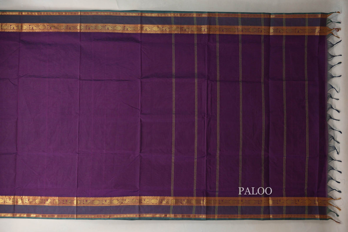 Deep Purple with Dual Tone of Deep Purple and Green Borders Vegan Silk Cotton Saree paloo