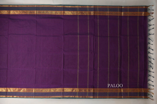 Deep Purple with Dual Tone of Deep Purple and Green Borders Vegan Silk Cotton Saree paloo