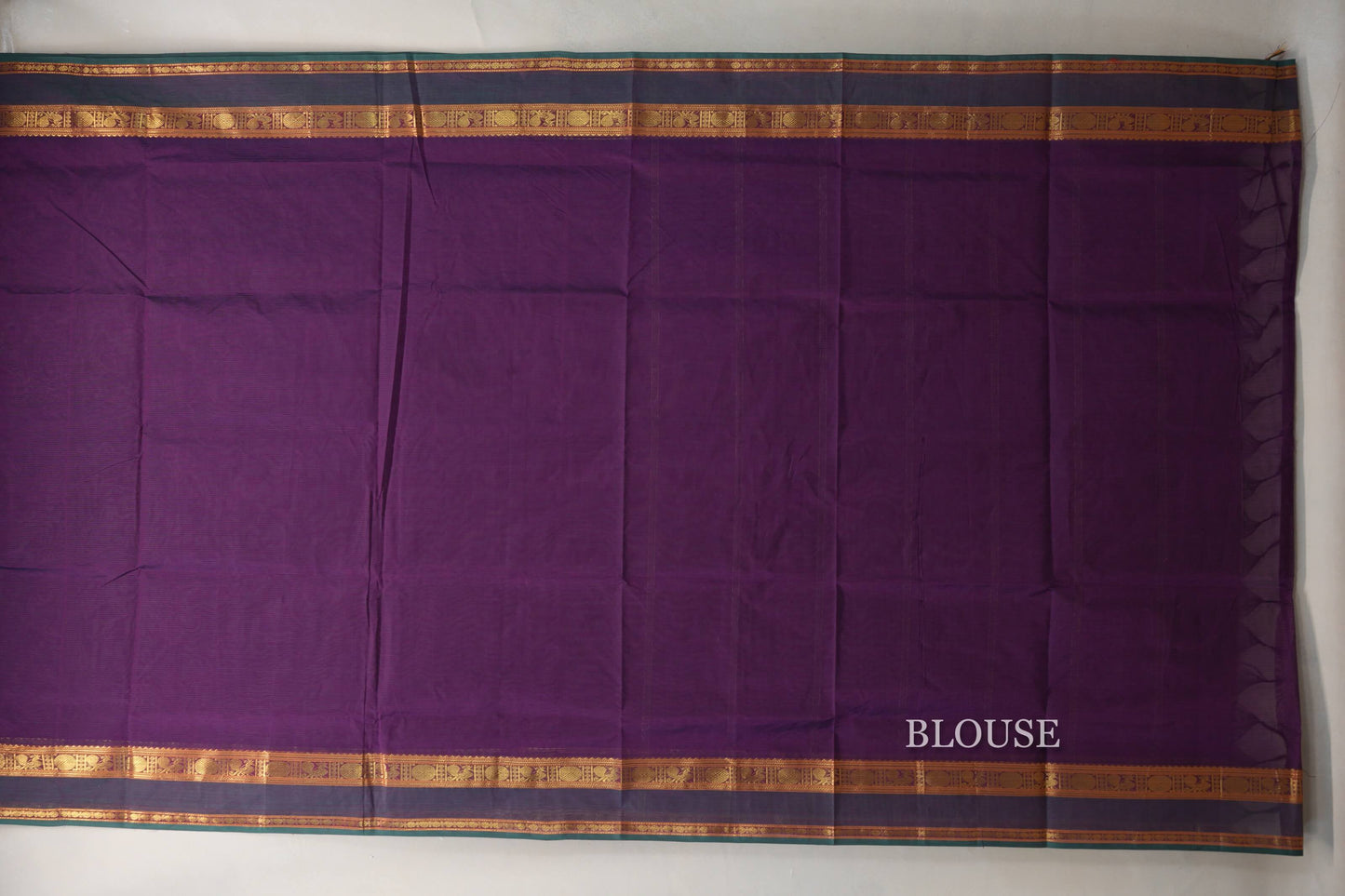 Deep Purple with Dual Tone of Deep Purple and Green Borders Vegan Silk Cotton Saree blouse