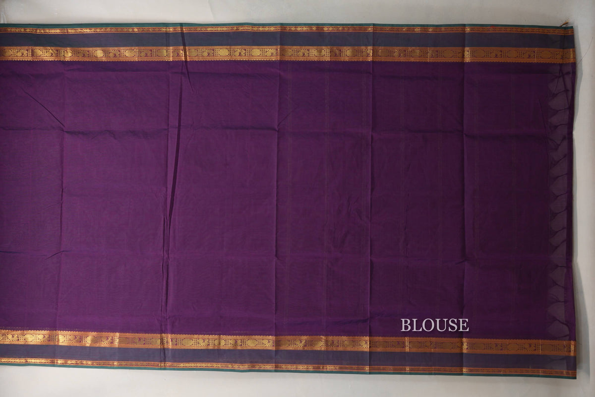 Deep Purple with Dual Tone of Deep Purple and Green Borders Vegan Silk Cotton Saree blouse