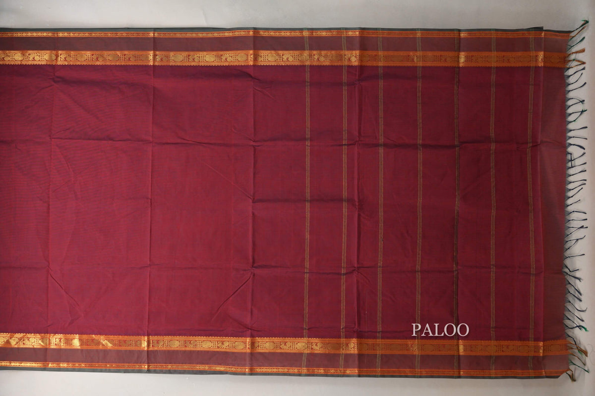 Dual Tone of Red & Blue Grey Vegan Silk Cotton Saree paloo