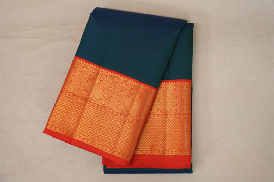 Peacock Blue with Orangish Red Borders Vintage Kanjivaram Silk Saree