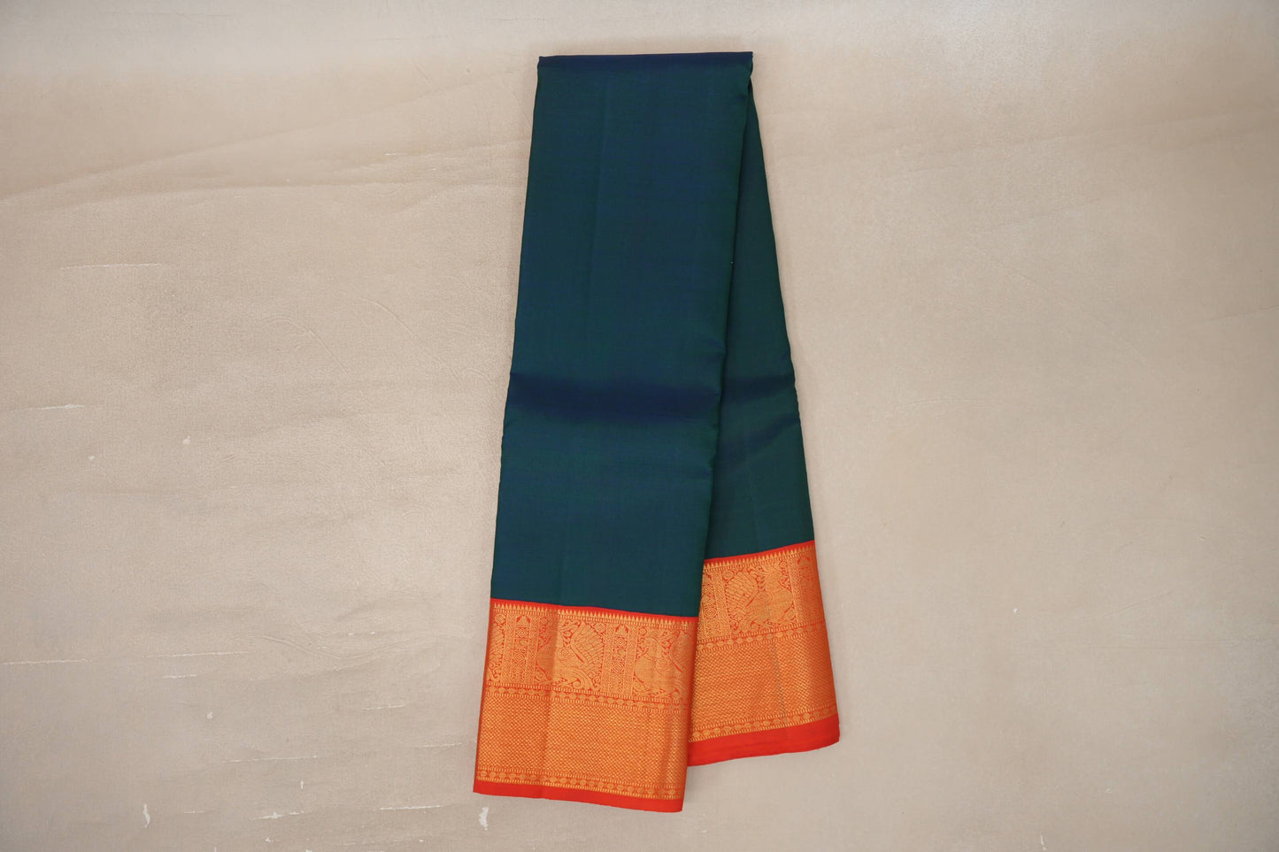 Online Peacock Blue with Orangish Red Borders Vintage Kanjivaram Silk Saree