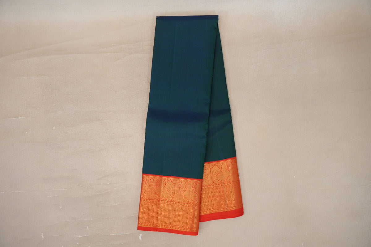 Online Peacock Blue with Orangish Red Borders Vintage Kanjivaram Silk Saree
