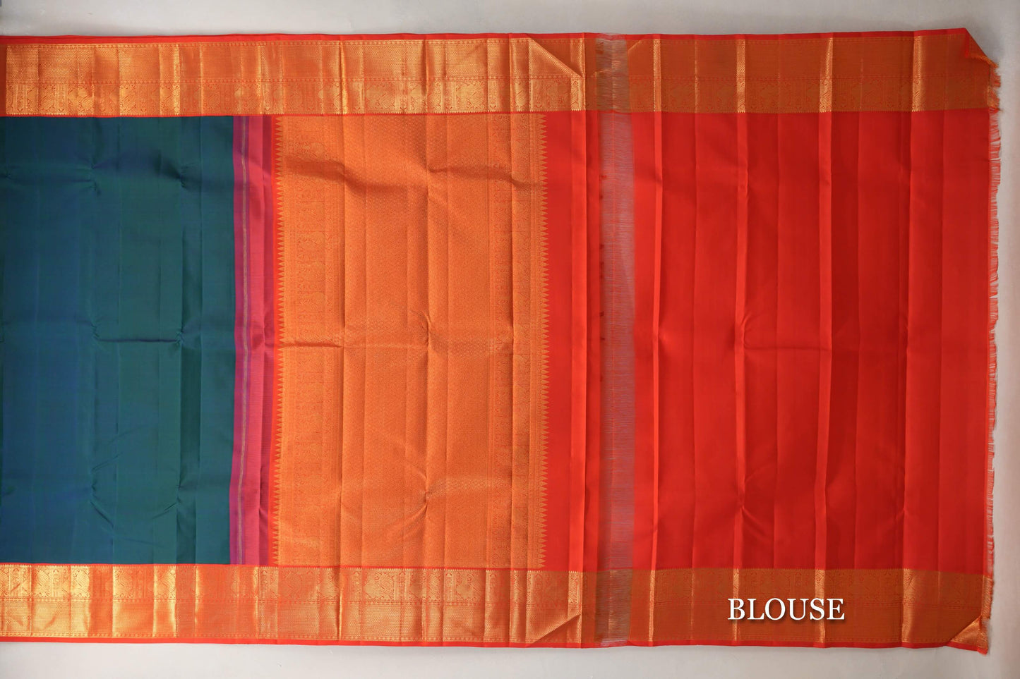 Peacock Blue with Orangish Red Borders Vintage Kanjivaram Silk Saree blouse