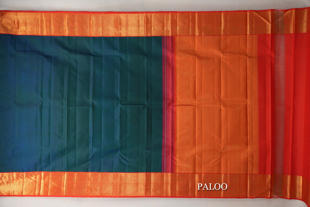 Peacock Blue with Orangish Red Borders Vintage Kanjivaram Silk Saree paloo