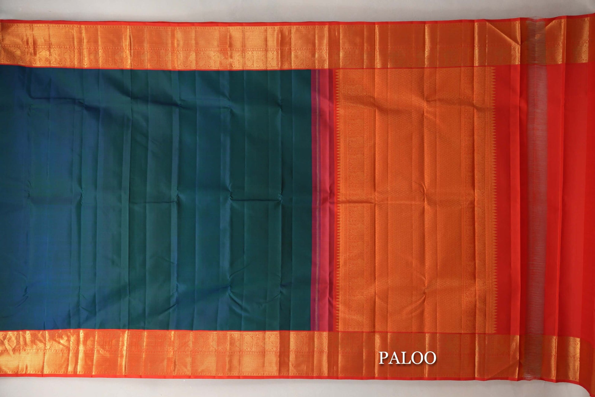 Peacock Blue with Orangish Red Borders Vintage Kanjivaram Silk Saree paloo