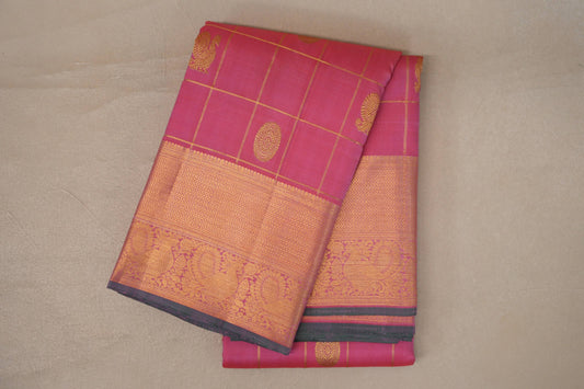 Onion Pink with Zari Checks Vintage Kanjivaram Silk Saree