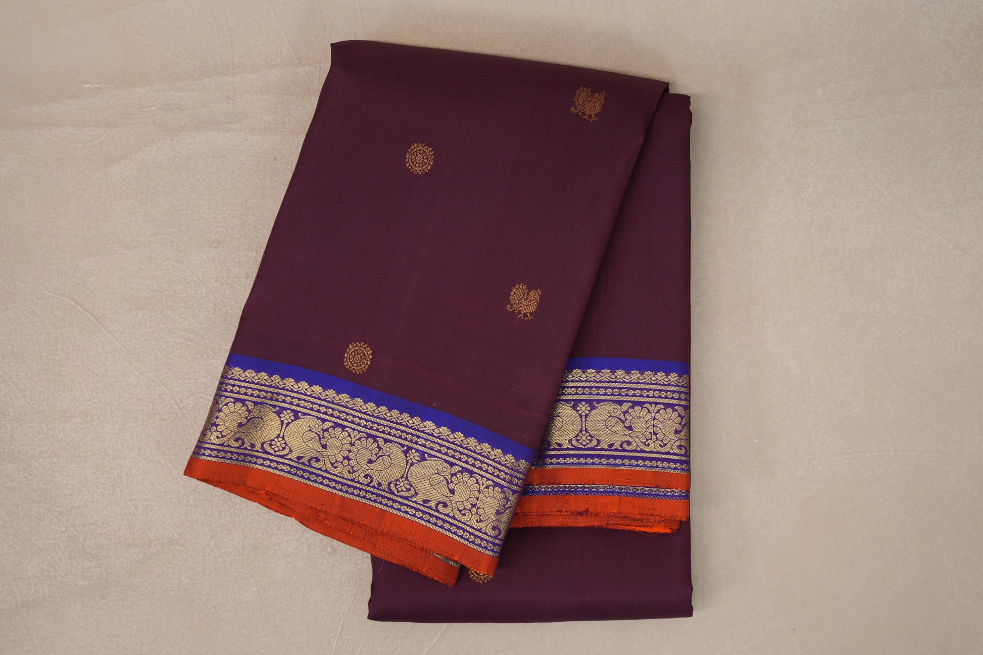 Deep Wine with Violet & Burnt Orange Selvedge Borders Vintage Kanjivaram Silk Saree