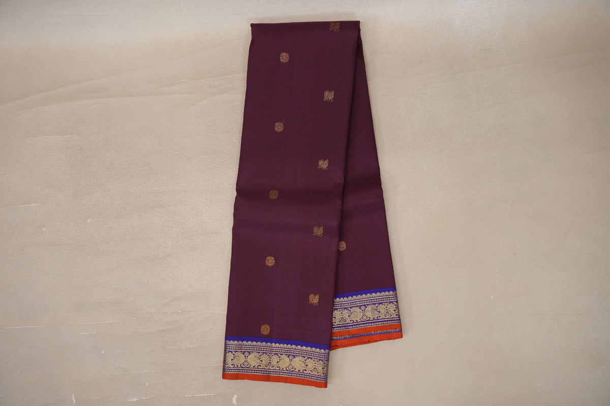 Online Deep Wine with Violet & Burnt Orange Selvedge Borders Vintage Kanjivaram Silk Saree