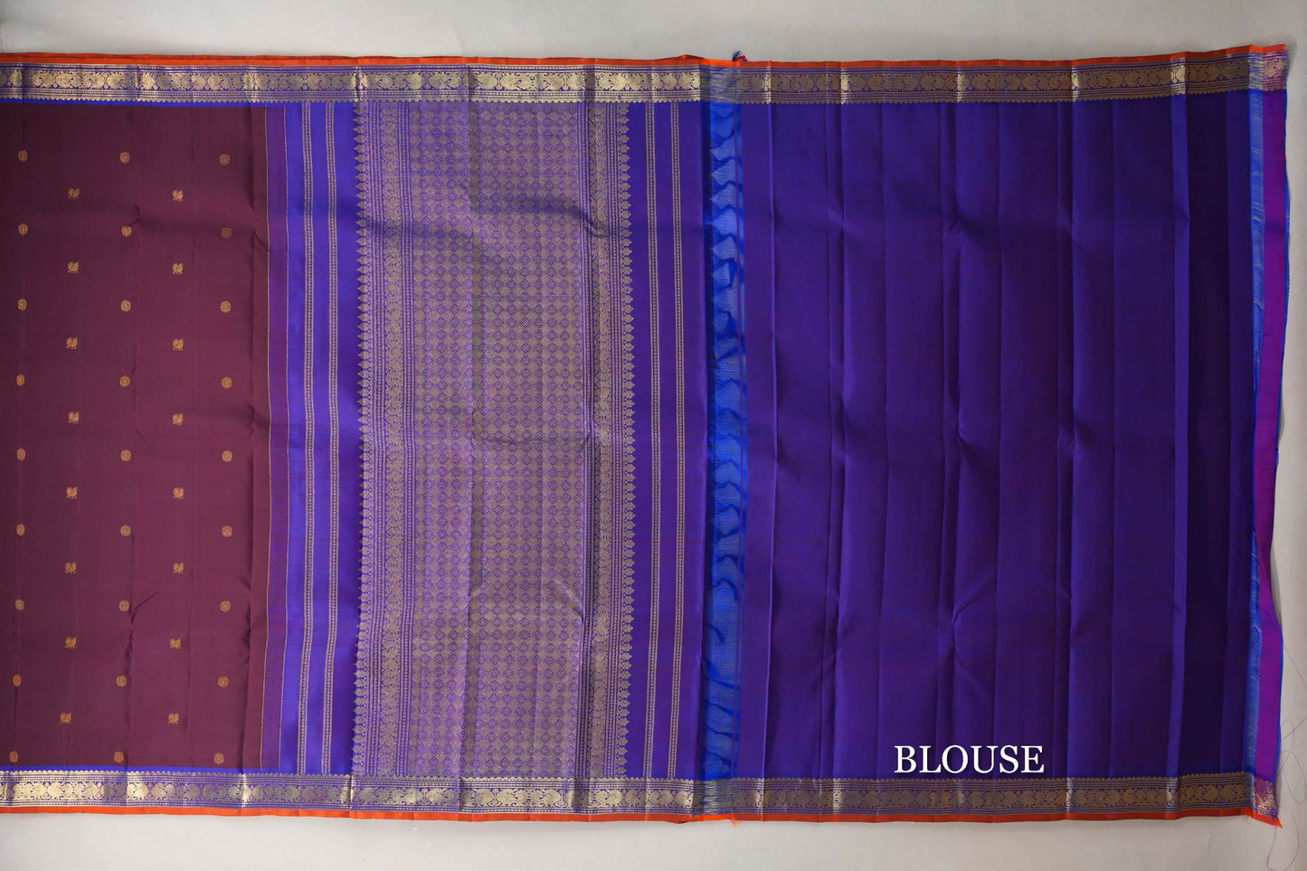 Deep Wine with Violet & Burnt Orange Selvedge Borders Vintage Kanjivaram Silk Saree blouse