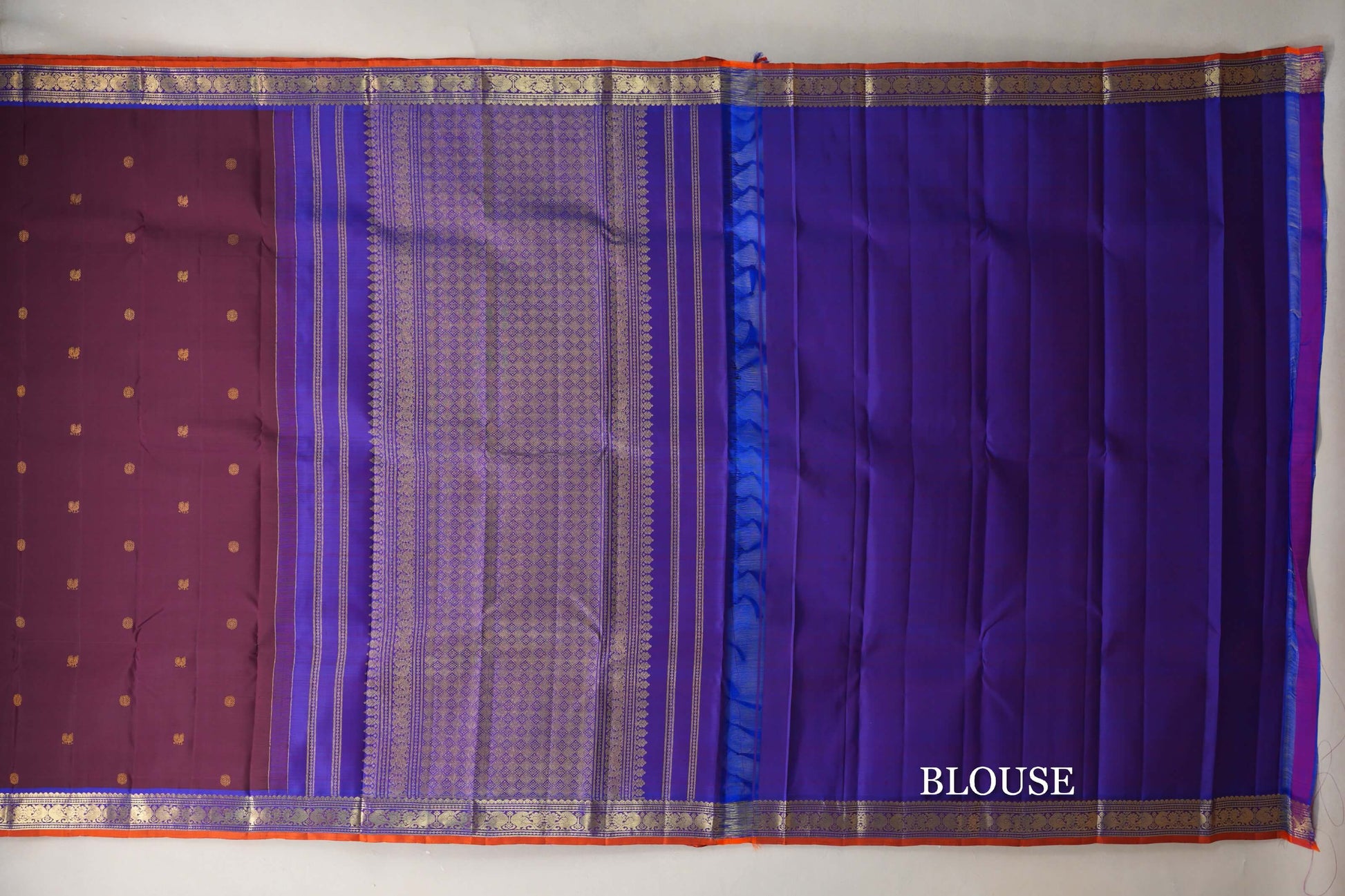 Deep Wine with Violet & Burnt Orange Selvedge Borders Vintage Kanjivaram Silk Saree blouse