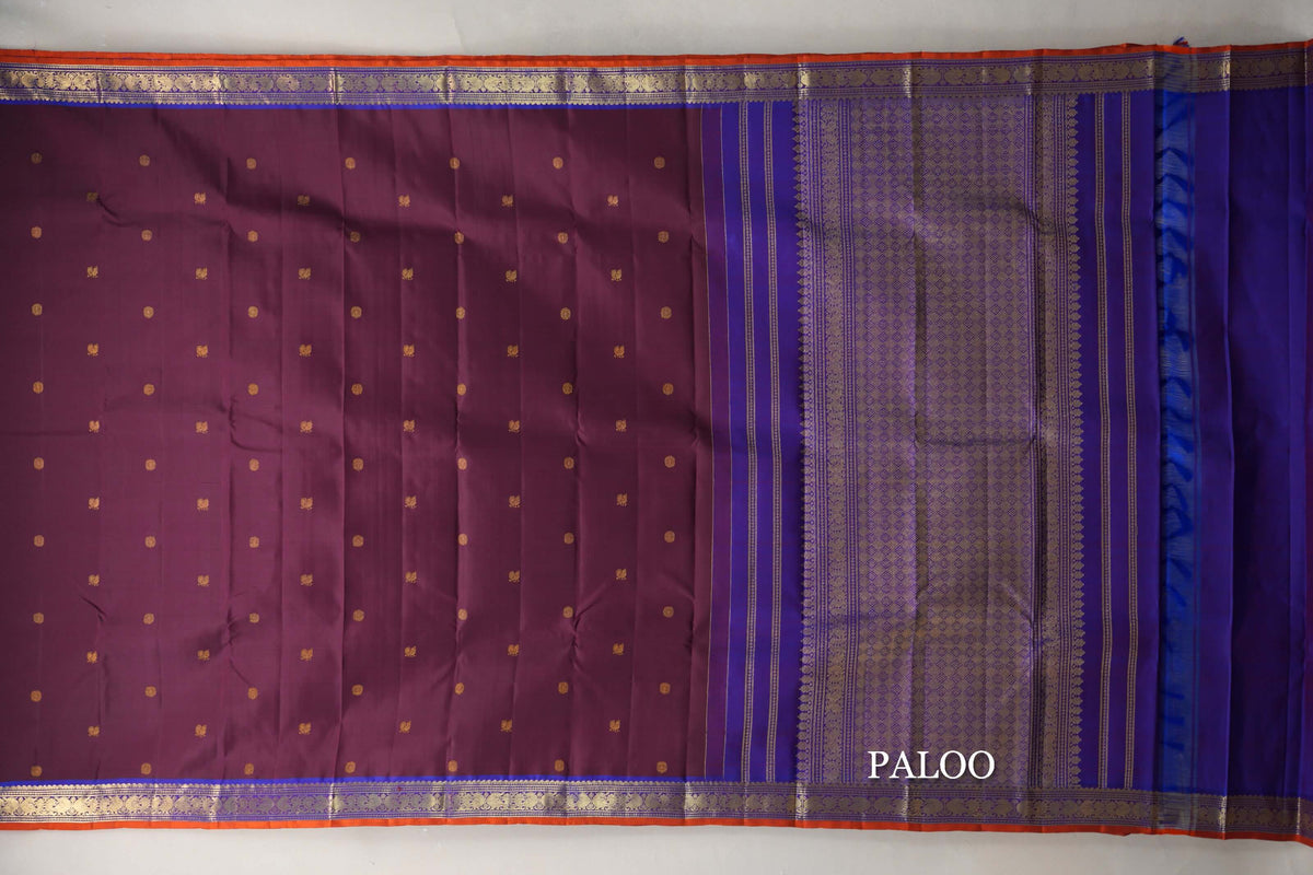 Deep Wine with Violet & Burnt Orange Selvedge Borders Vintage Kanjivaram Silk Saree paloo