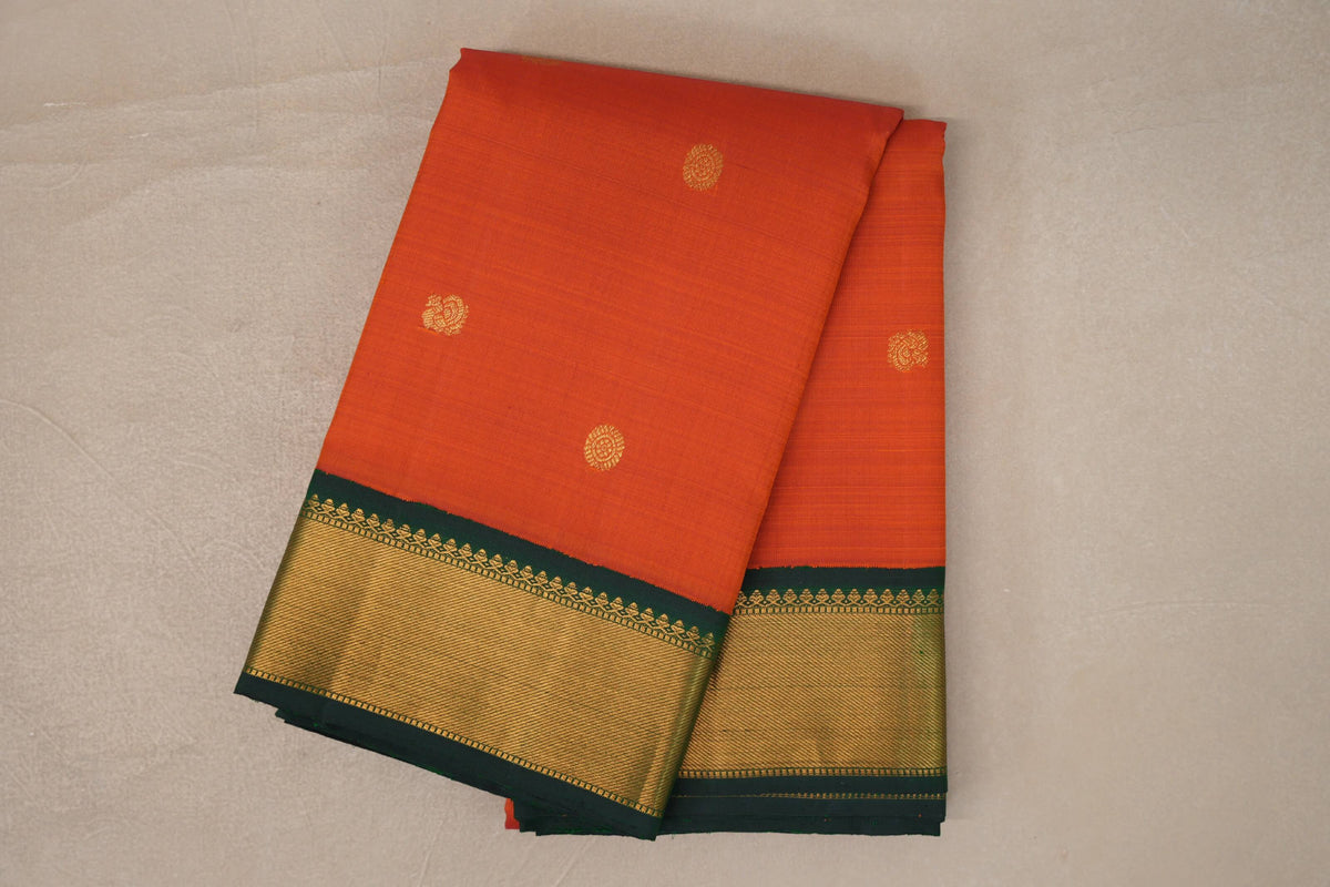 Bright Orange with Bottle Green Borders Vintage Kanjivaram Silk Saree