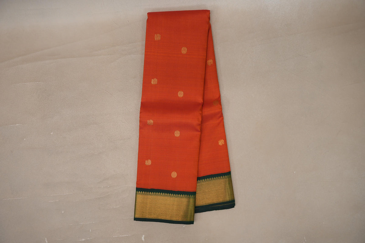 Online Bright Orange with Bottle Green Borders Vintage Kanjivaram Silk Saree