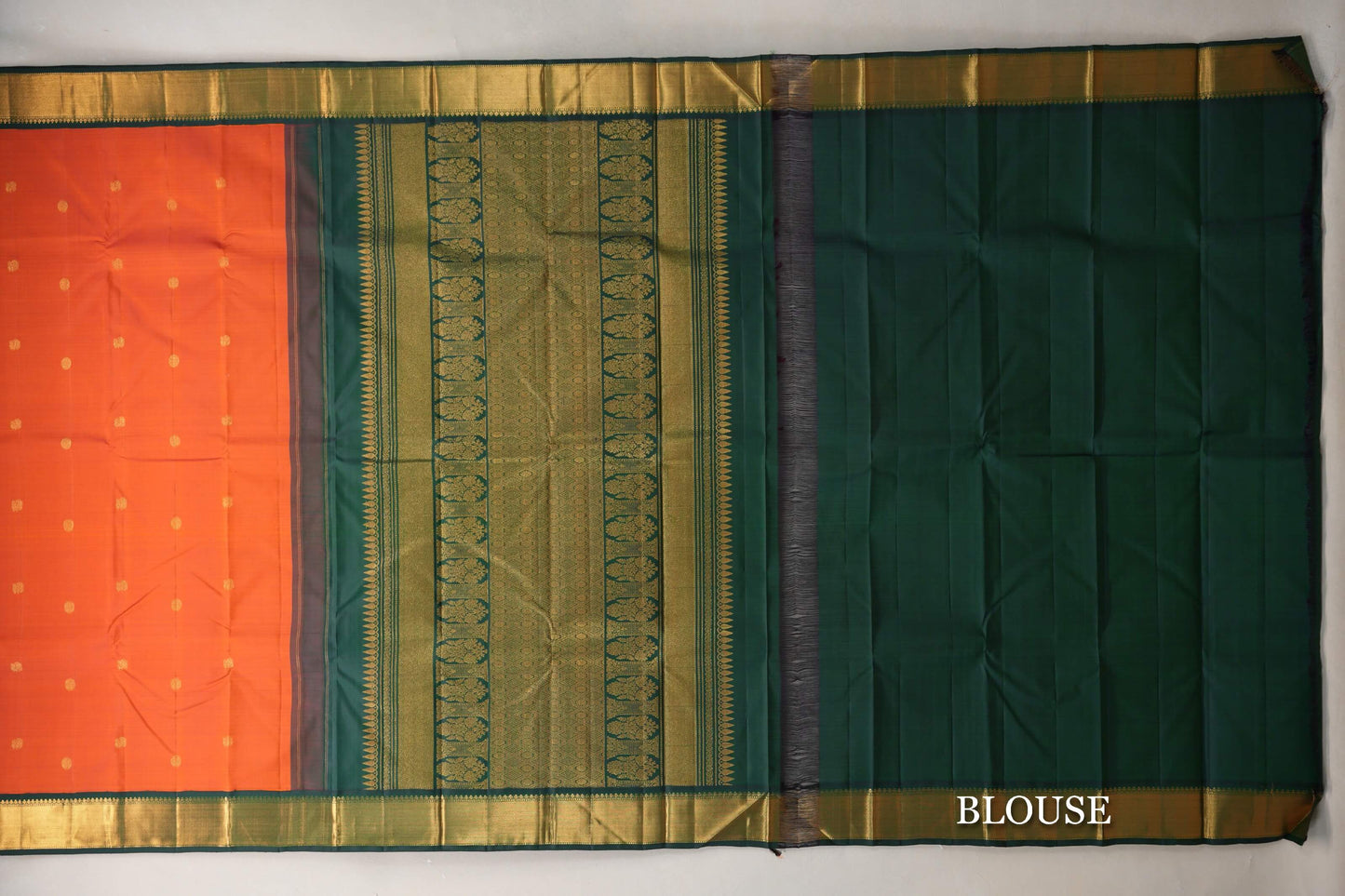 Bright Orange with Bottle Green Borders Vintage Kanjivaram Silk Saree blouse