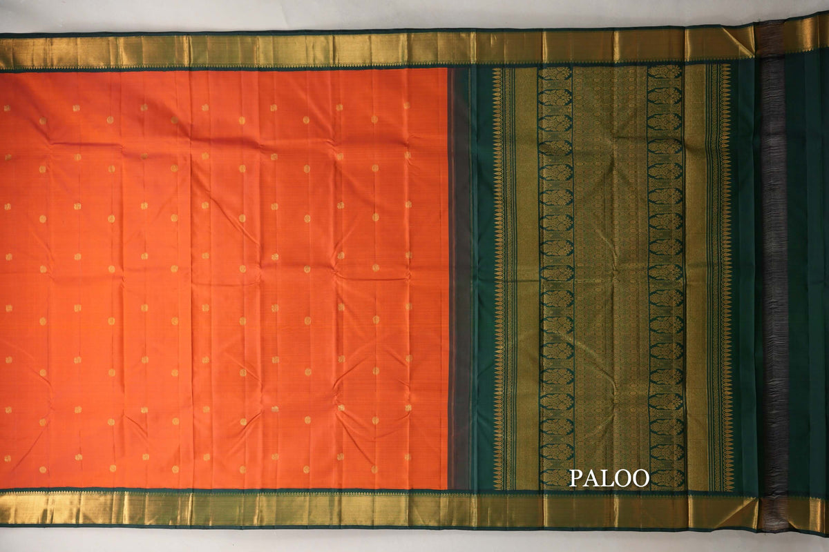 Bright Orange with Bottle Green Borders Vintage Kanjivaram Silk Saree paloo