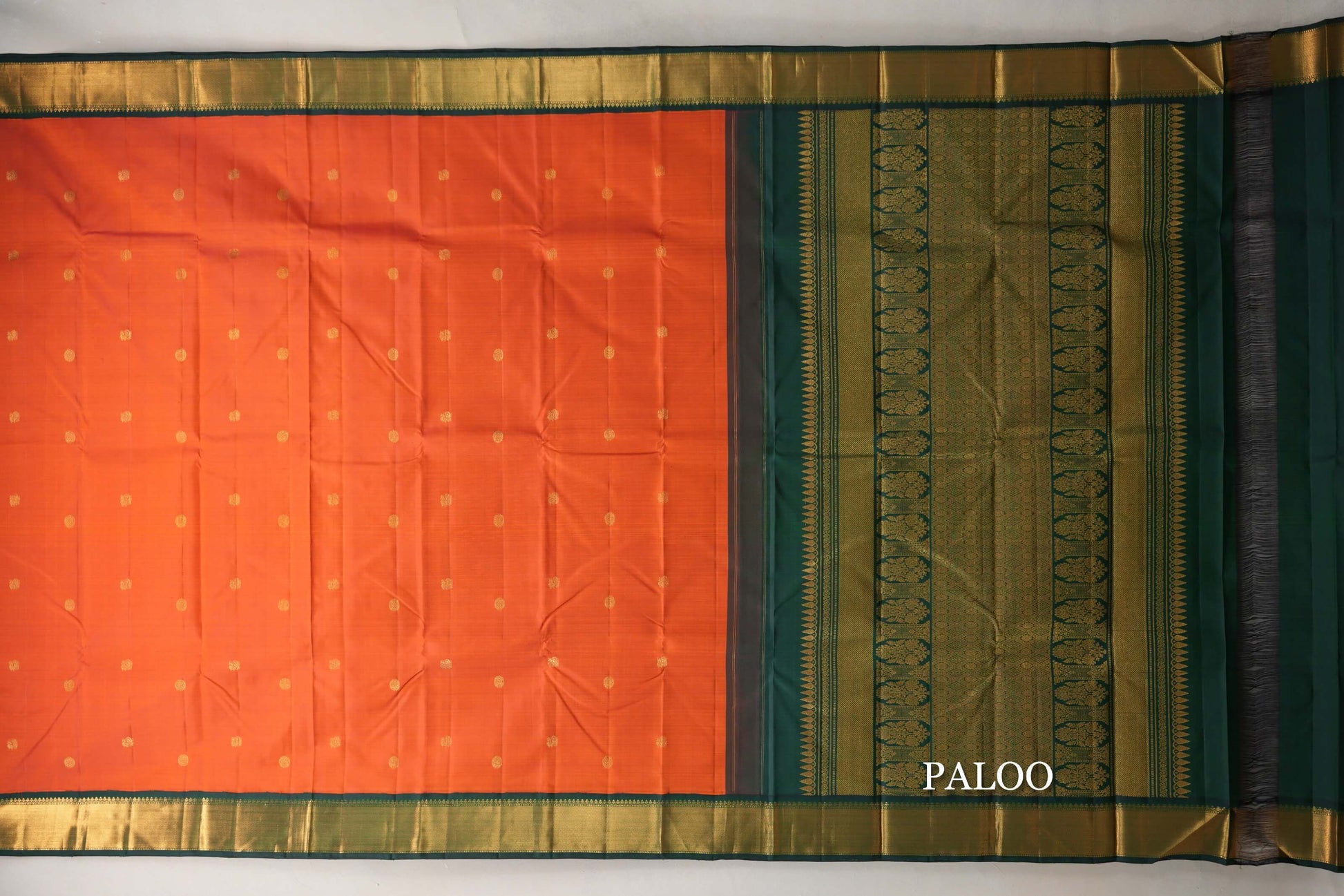 Bright Orange with Bottle Green Borders Vintage Kanjivaram Silk Saree paloo