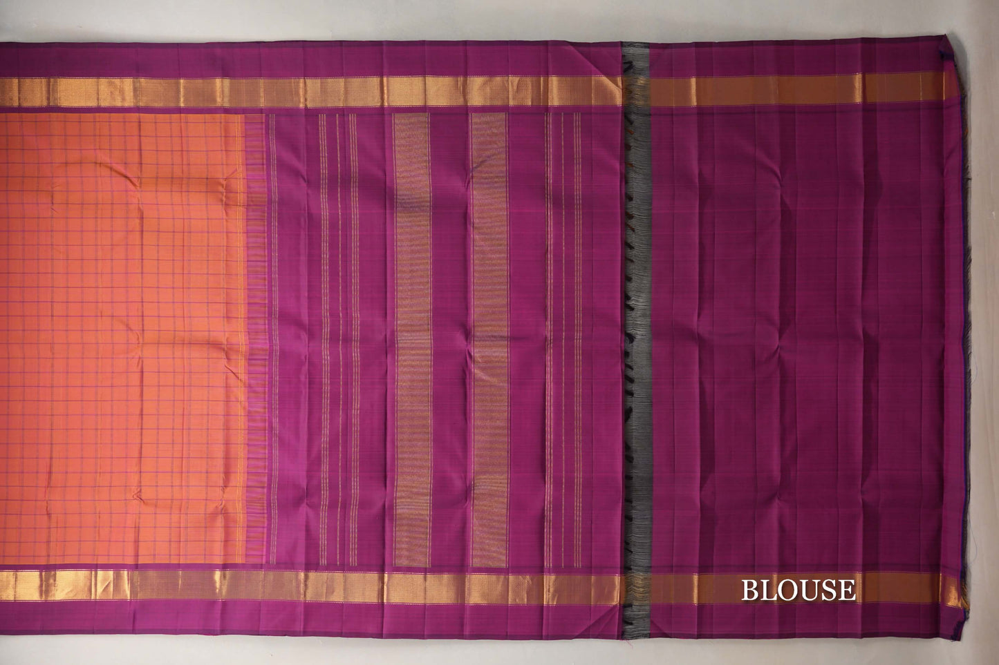 Dual Tone of Mustard and Pink with Deep Magenta Borders Vintage Kanjivaram Silk Saree blouse