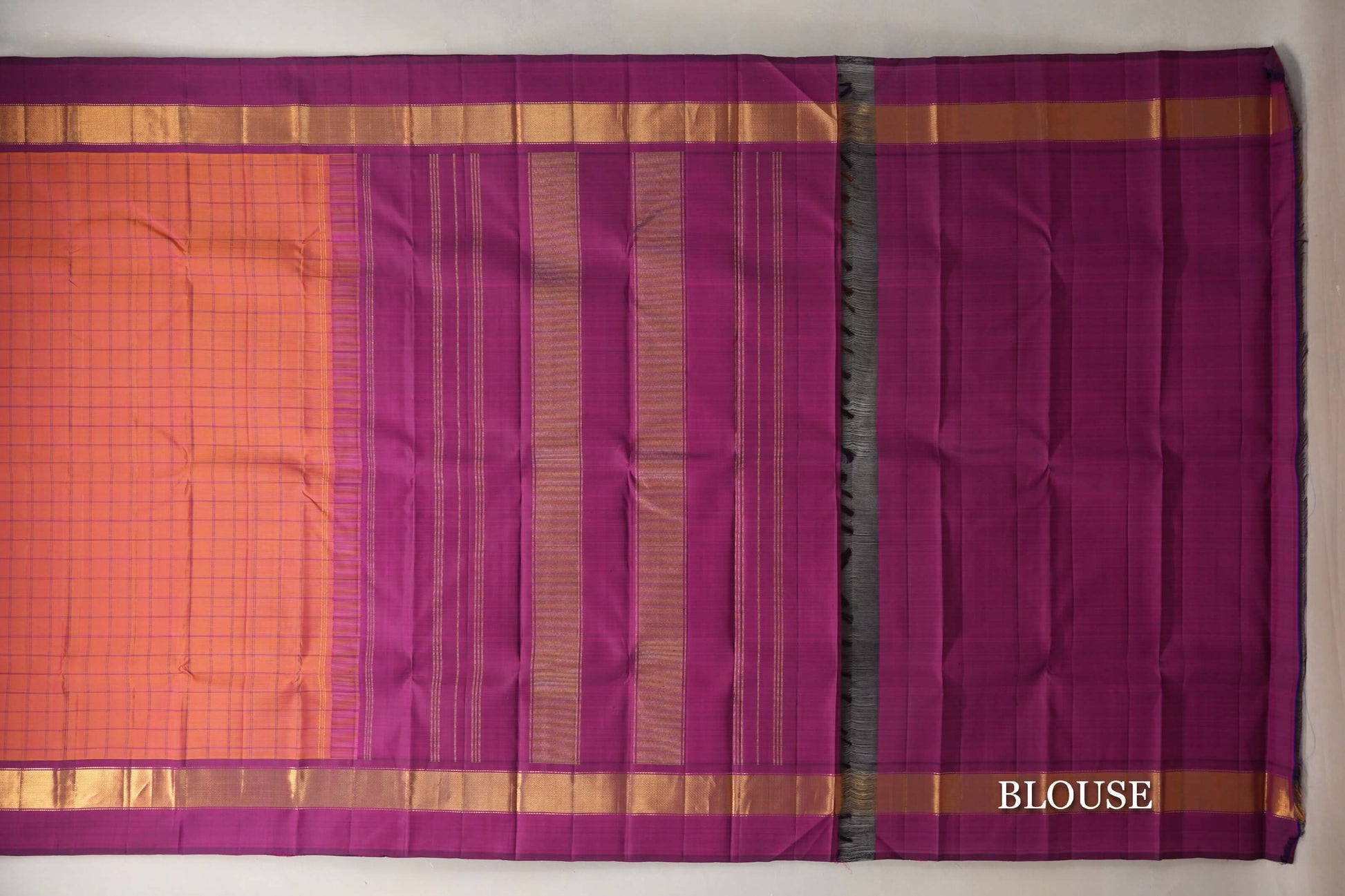 Dual Tone of Mustard and Pink with Deep Magenta Borders Vintage Kanjivaram Silk Saree blouse