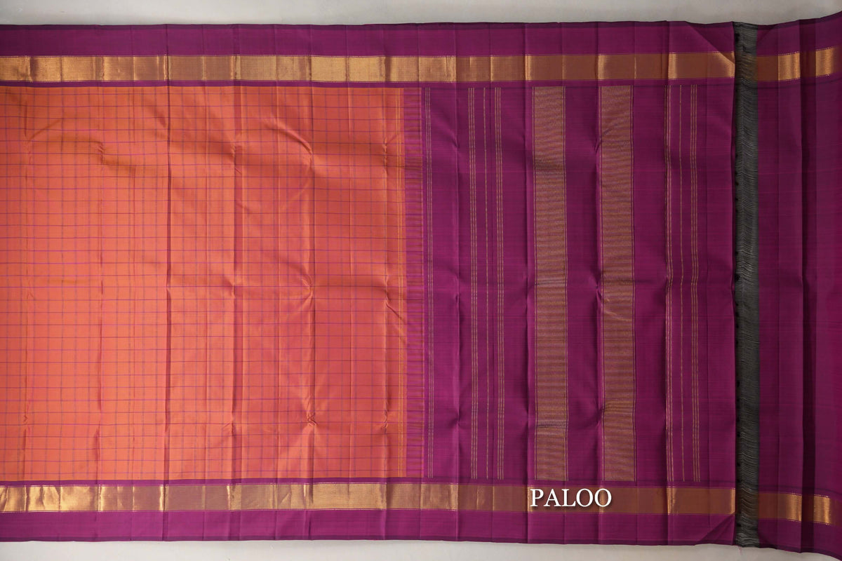 Dual Tone of Mustard and Pink with Deep Magenta Borders Vintage Kanjivaram Silk Saree paloo