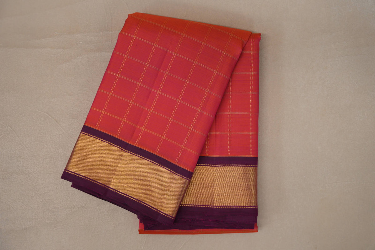 Dual Tone of orange and Pink with Deep Magenta Borders Vintage Kanjivaram Silk Saree