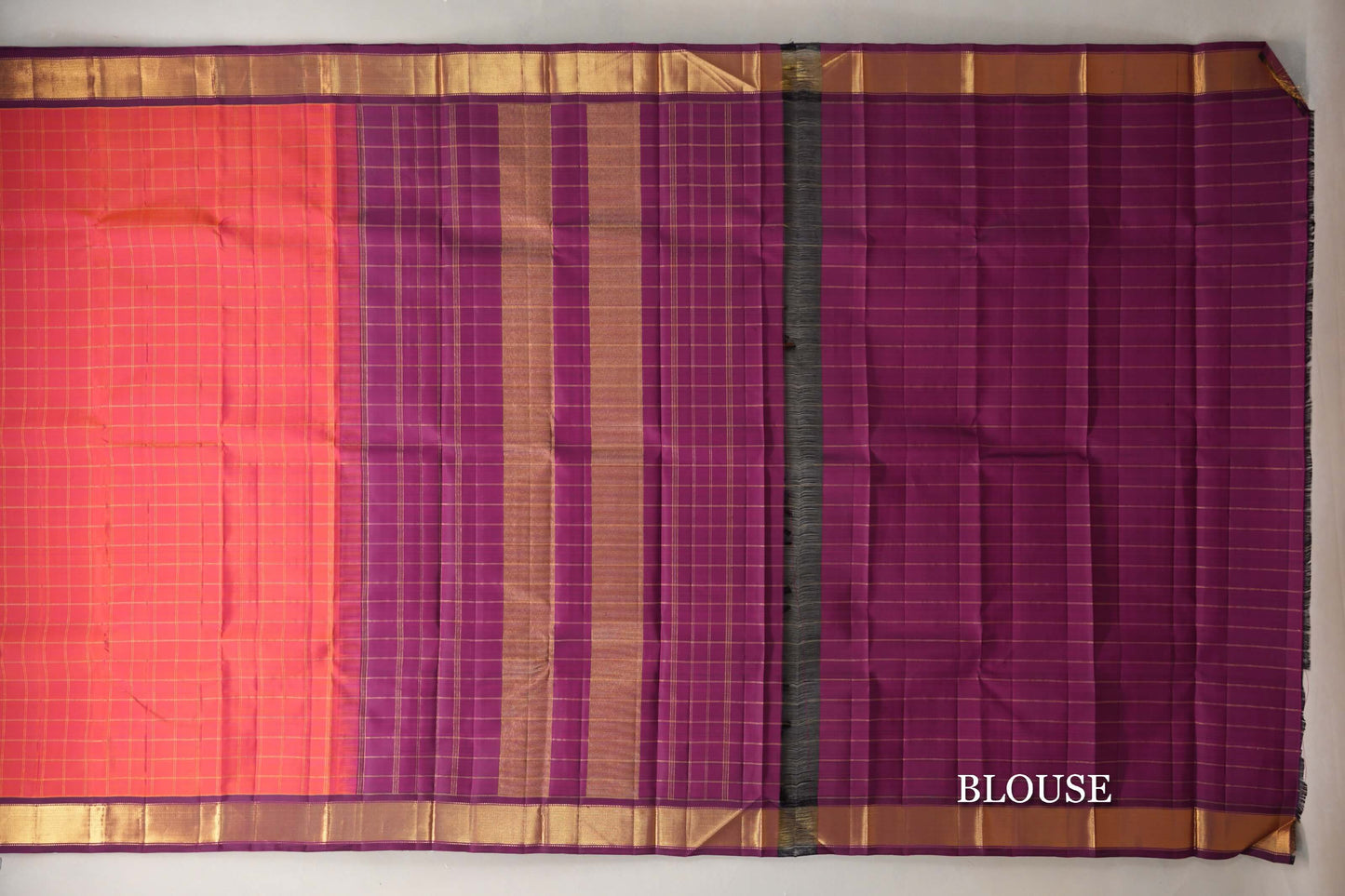 Dual Tone of orange and Pink with Deep Magenta Borders Vintage Kanjivaram Silk Saree blouse