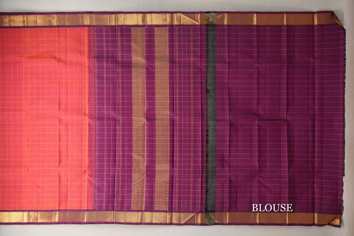 Dual Tone of orange and Pink with Deep Magenta Borders Vintage Kanjivaram Silk Saree blouse