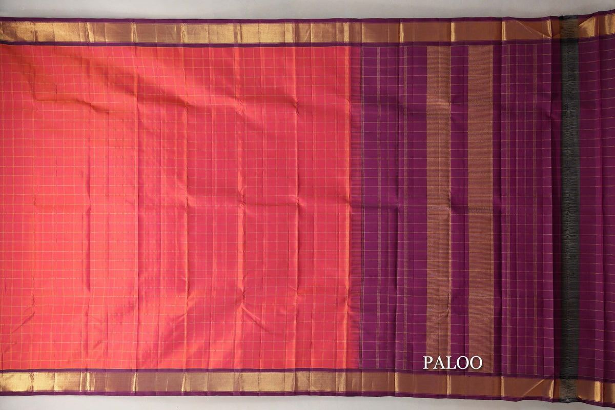 Dual Tone of orange and Pink with Deep Magenta Borders Vintage Kanjivaram Silk Saree paloo