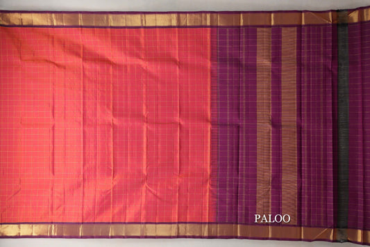 Dual Tone of orange and Pink with Deep Magenta Borders Vintage Kanjivaram Silk Saree paloo