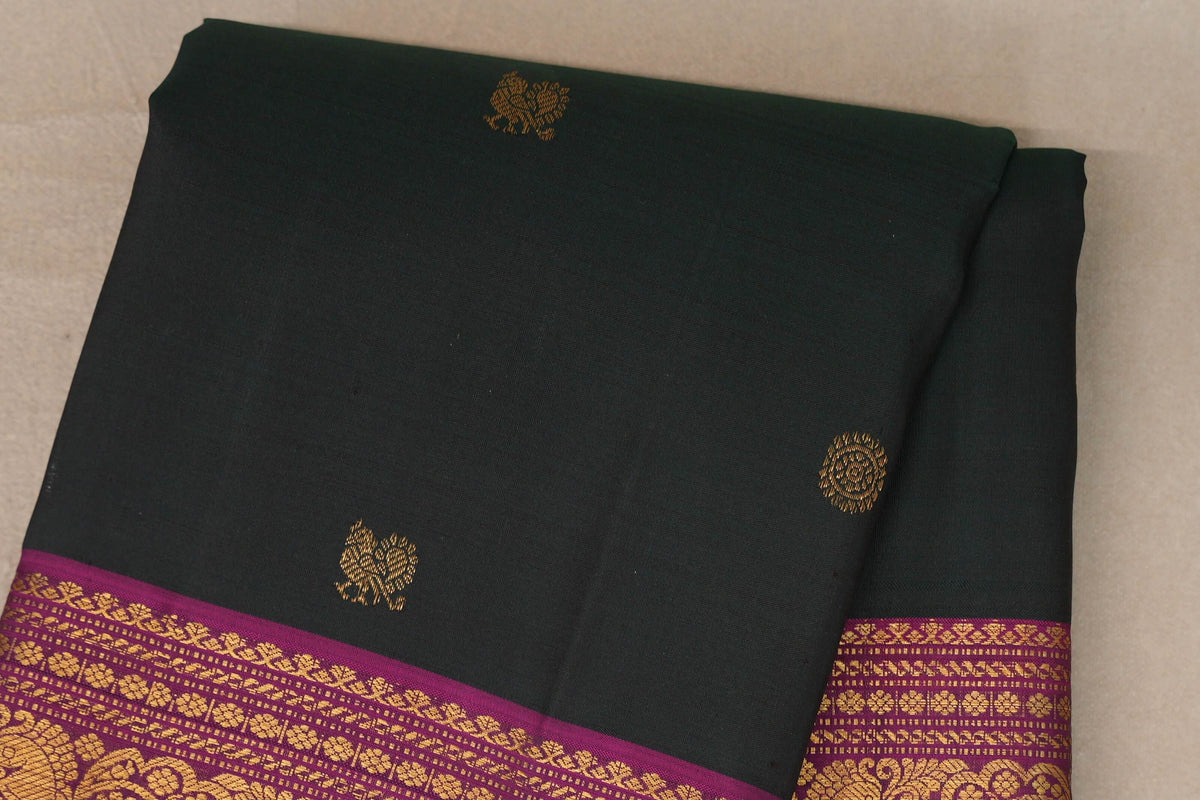 Deep Bottle Green with Deep Magenta with Olive Yellow Selvedge Borders Vintage Kanjivaram Silk Saree body