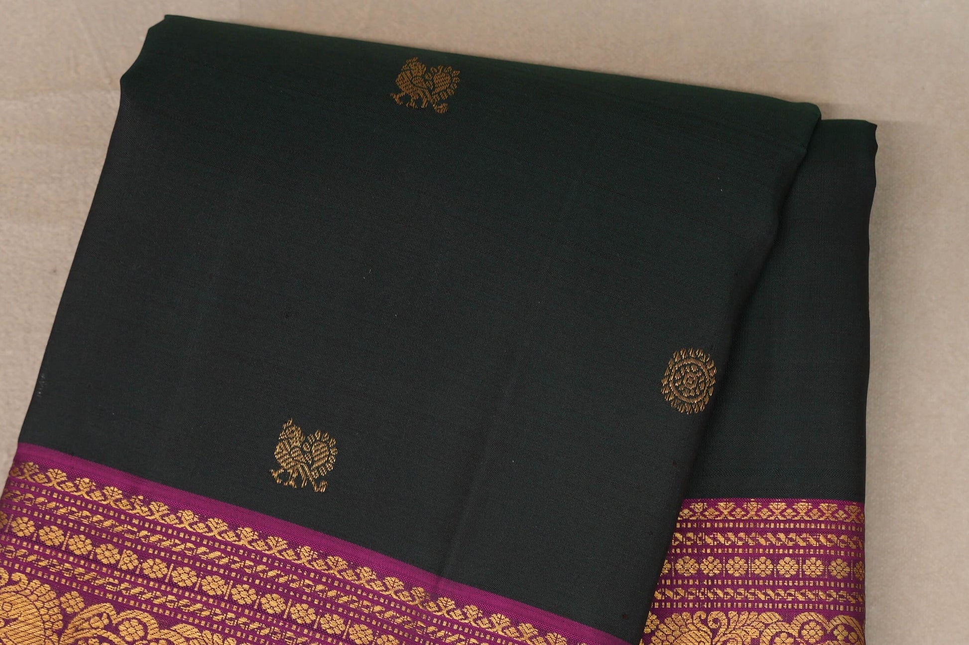 Deep Bottle Green with Deep Magenta with Olive Yellow Selvedge Borders Vintage Kanjivaram Silk Saree body
