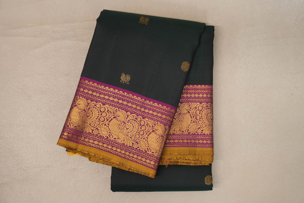 Deep Bottle Green with Deep Magenta with Olive Yellow Selvedge Borders Vintage Kanjivaram Silk Saree