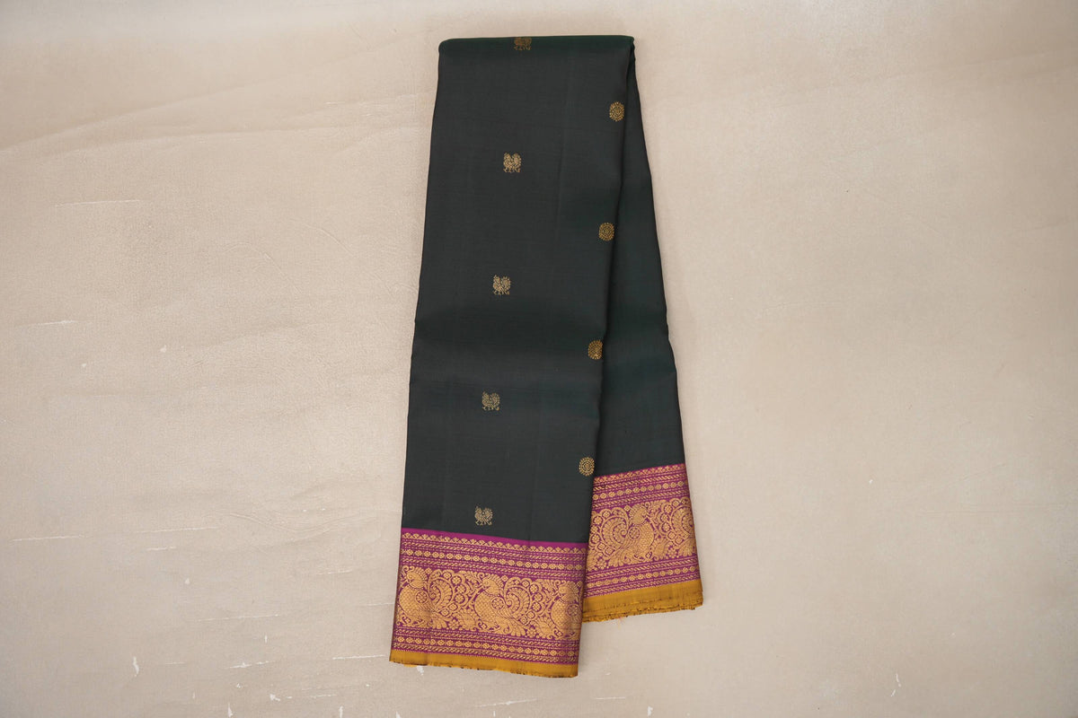 Online Deep Bottle Green with Deep Magenta with Olive Yellow Selvedge Borders Vintage Kanjivaram Silk Saree