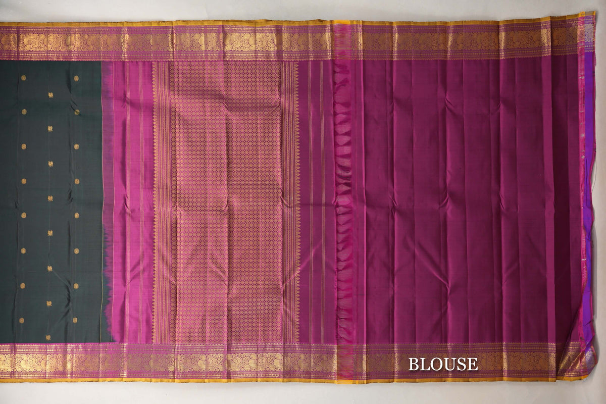 Deep Bottle Green with Deep Magenta with Olive Yellow Selvedge Borders Vintage Kanjivaram Silk Saree blouse