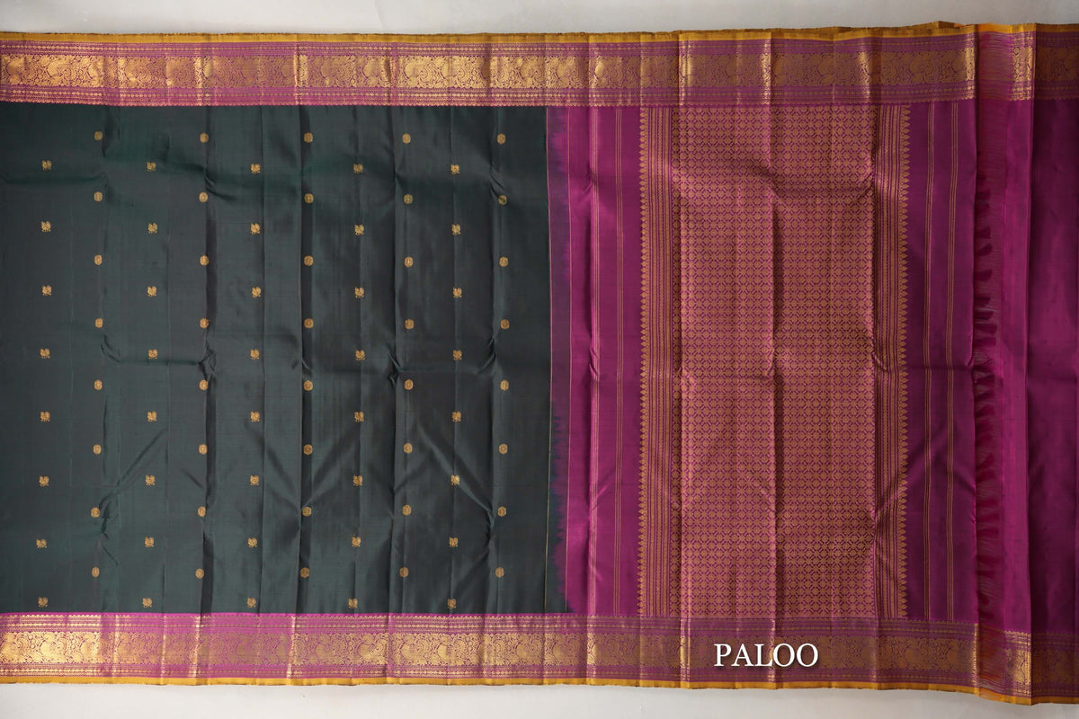 Deep Bottle Green with Deep Magenta with Olive Yellow Selvedge Borders Vintage Kanjivaram Silk Saree paloo