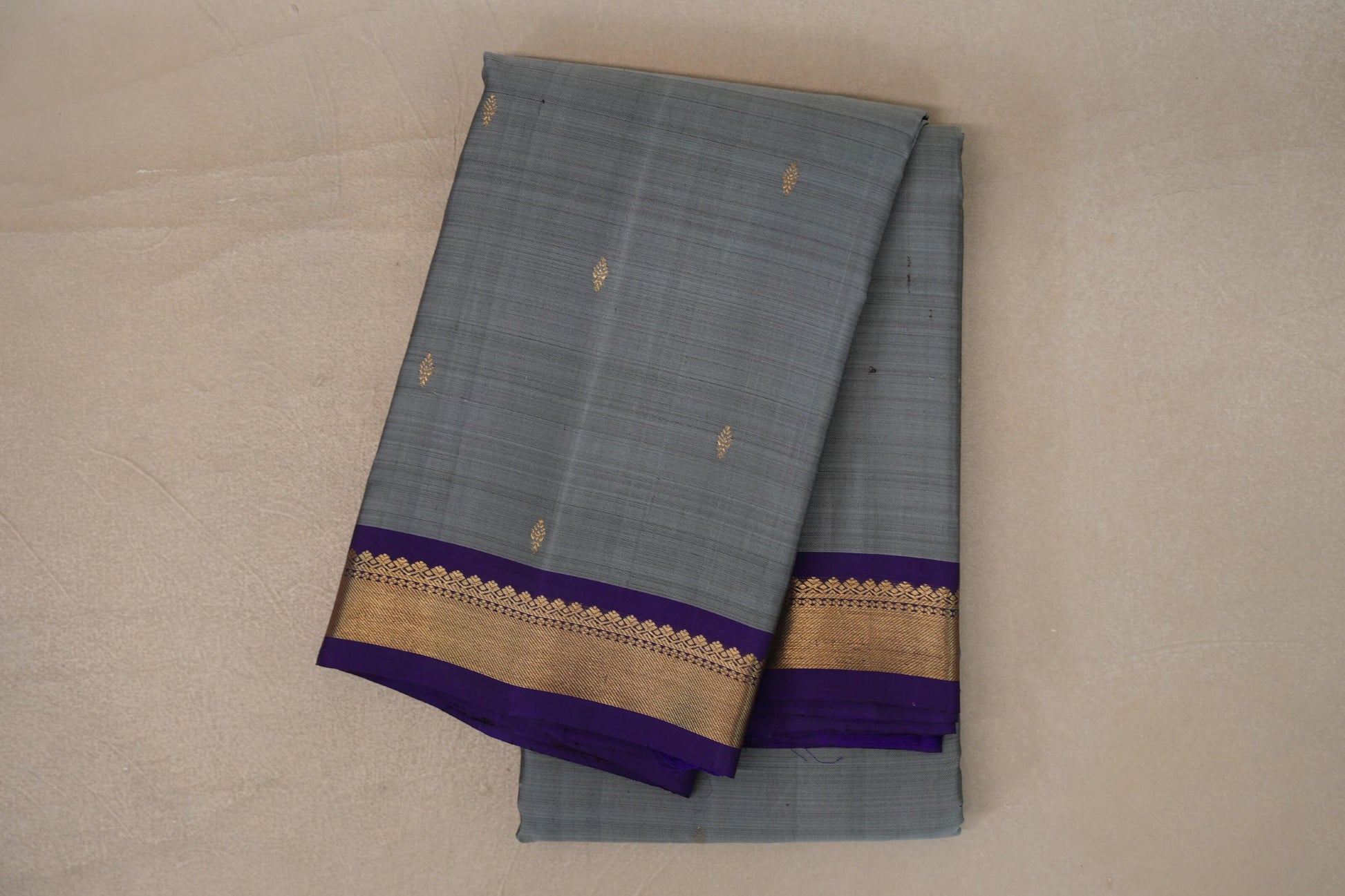 Silver Grey with Violet Purple Borders Vintage Kanjivaram Silk Saree