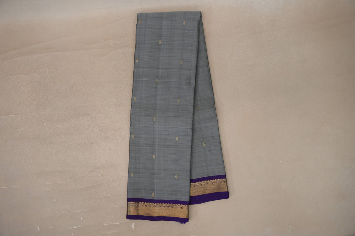 Online Silver Grey with Violet Purple Borders Vintage Kanjivaram Silk Saree